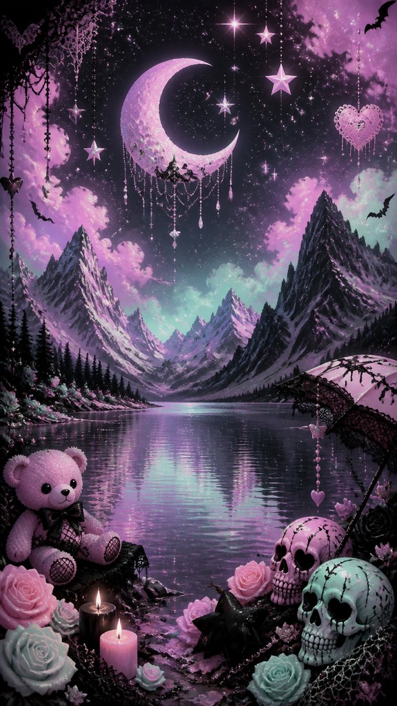 a tranquil mountain lake beneath a starry night sky, no people, no text
