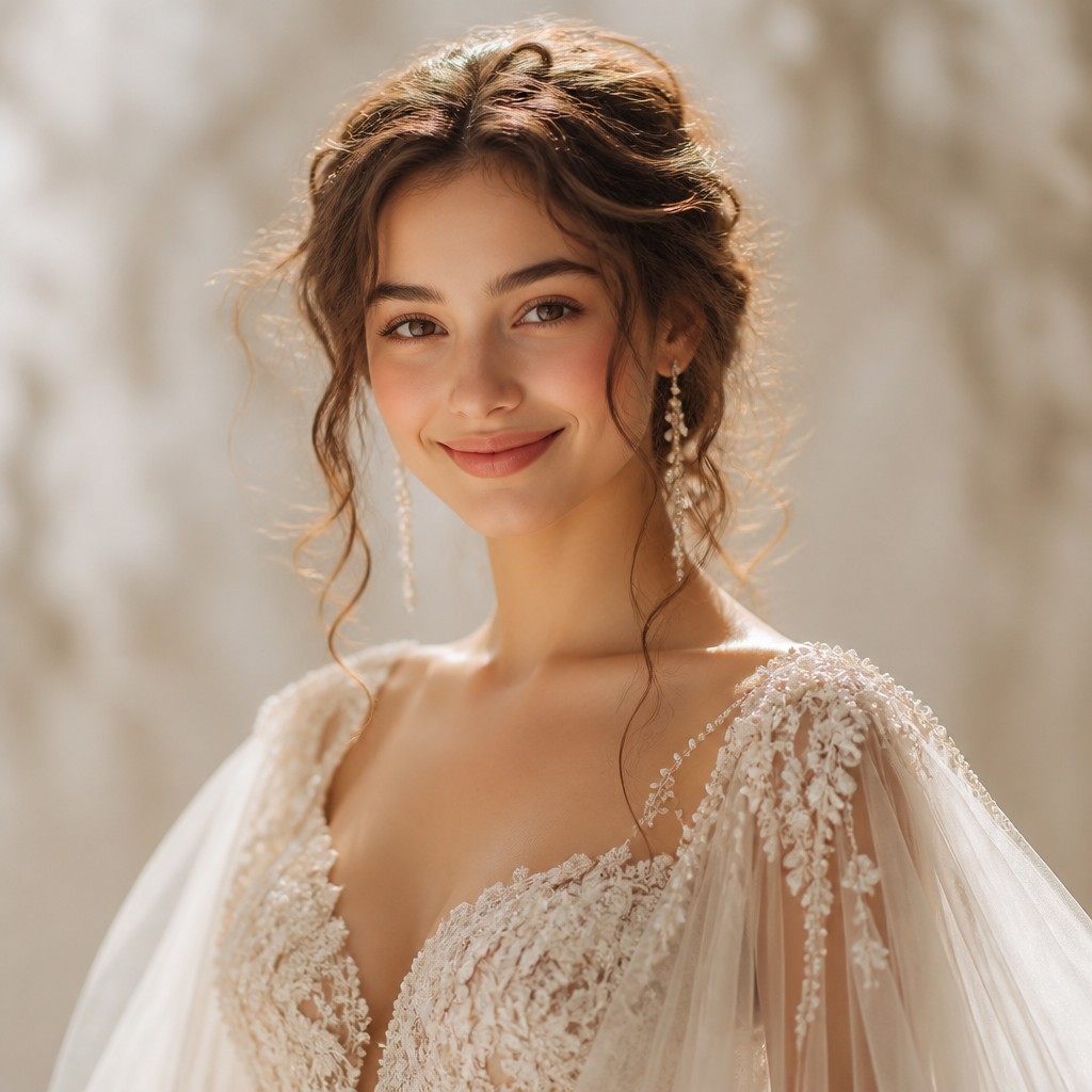 head-and-shoulders portrait of an original character: a young woman with wavy chestnut hair and a warm smile, plain soft backdrop
