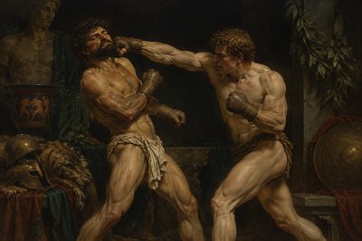 ancient greek ignudi boxers punching each other