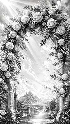 an arch of white roses and eucalyptus in soft morning light, elegant vertical composition with open space, no text