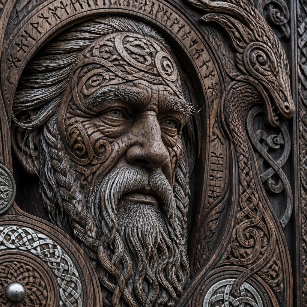 close-up portrait of an elderly person with expressive weathered features — Viking Art Style