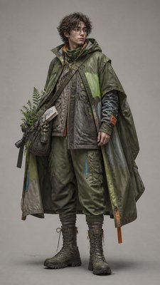 full-body original character: a wandering botanist with a satchel of plants, a patched green cloak, tall boots and round glasses, neutral background
