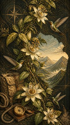 a climbing vine of flowers and hummingbirds on a dark background, tall wrapping composition, no text