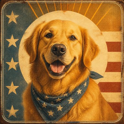 portrait of a golden retriever wearing a blue bandana, warm plain backdrop, no text