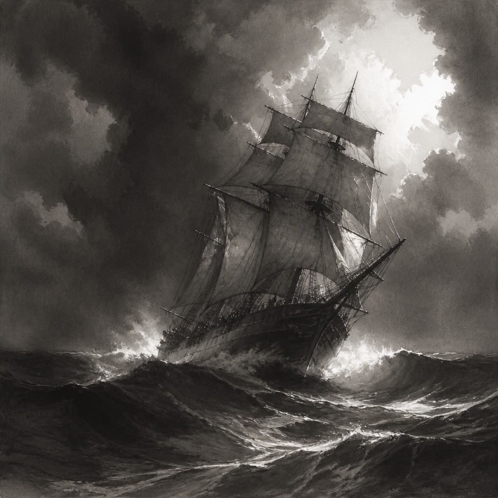 sailing ship on a stormy sea — Value Study Art Style