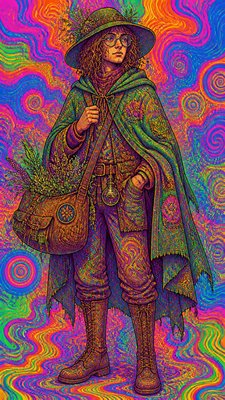 full-body original character: a wandering botanist with a satchel of plants, a patched green cloak, tall boots and round glasses, neutral background