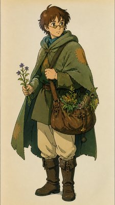 full-body original character: a wandering botanist with a satchel of plants, a patched green cloak, tall boots and round glasses, neutral background