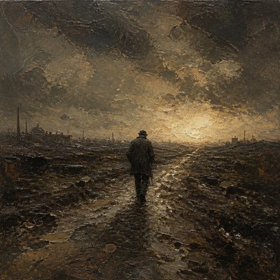 a solitary figure walking toward a glowing horizon across an empty plain, moody atmosphere, no text or lettering