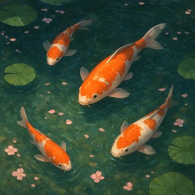 A koi pond seen from above, orange and white koi fish swimming among lily pads, clear water with subtle ripples, fallen cherry blossom petals floating on the surface, dappled sunlight
