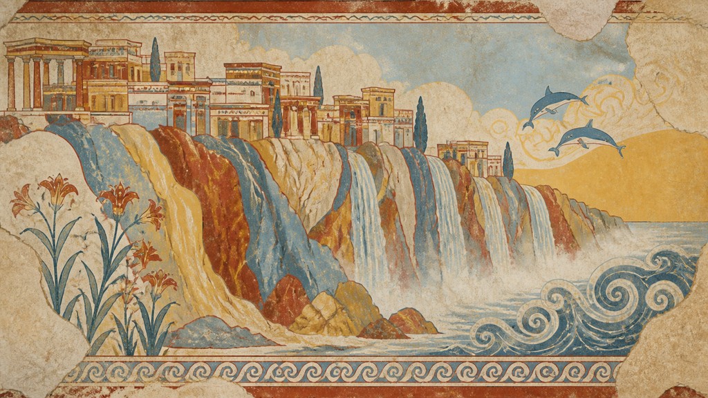 a cliffside city with waterfalls cascading into a misty canyon, wide establishing shot, no people, no text