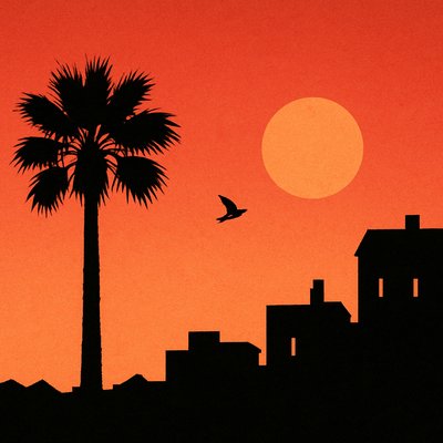 a silhouette of a palm tree and a bird flying in the sky
