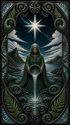 a robed figure pouring water beneath a large eight-pointed star in a night sky, symmetrical composition with an ornate decorative border, no text