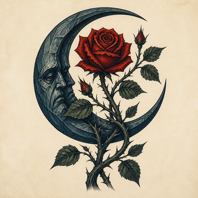 a rose entwined with a crescent moon, clean balanced composition on a plain background, no text