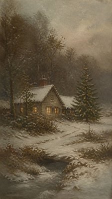 a snow-covered cottage with warm glowing windows beside a decorated pine tree, gentle snowfall, no text