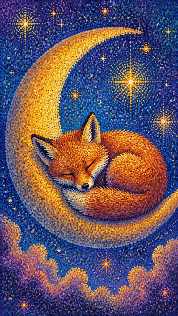 a sleeping baby fox curled on a crescent moon among soft stars, gentle and warm, no text