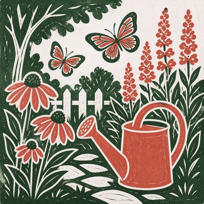 a garden scene with butterflies, flowers and a watering can, clean uncolored line art, no text