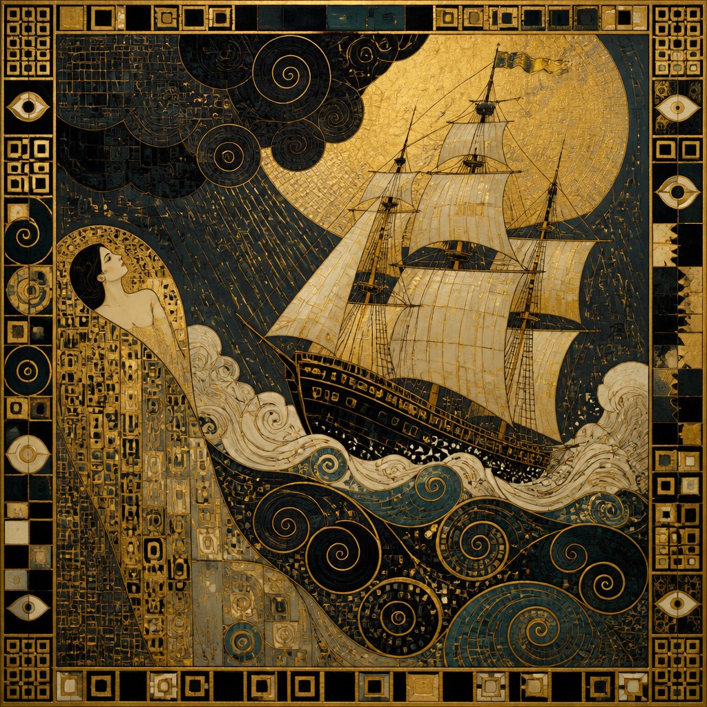 sailing ship on a stormy sea — Vienna Secession Art Style