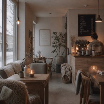 cozy cafe interior with warm lighting