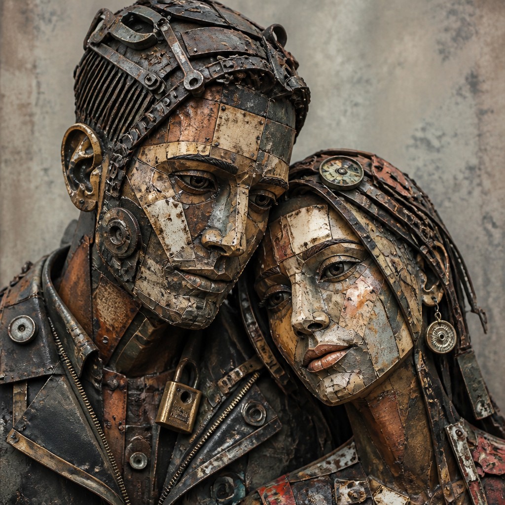 portrait of two people together — Found Object Art Style