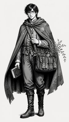 full-body original character: a wandering botanist with a satchel of plants, a patched green cloak, tall boots and round glasses, neutral background
