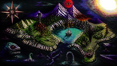 a map of an island realm with mountains, forests, a sheltered bay, sea monsters in the water and a compass rose, no text labels