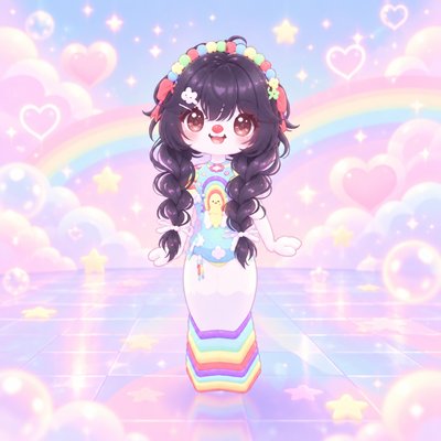 a girl in a rainbow dress standing in front of a rainbow background