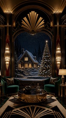 a snow-covered cottage with warm glowing windows beside a decorated pine tree, gentle snowfall, no text