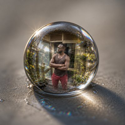 a man standing in front of a mirror with his arms crossed