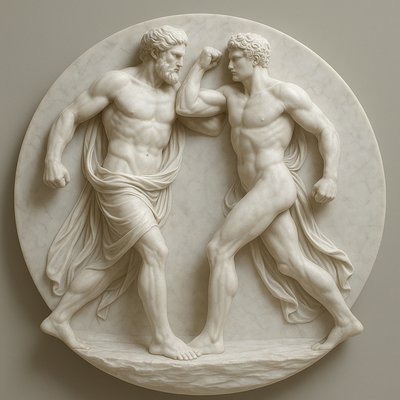 a statue of two men fighting each other