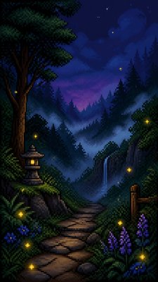 a mysterious forest path with fireflies and drifting mist, atmospheric vertical composition with open space at the top, no text
