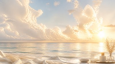 a panoramic ocean horizon with towering clouds at golden hour, no people