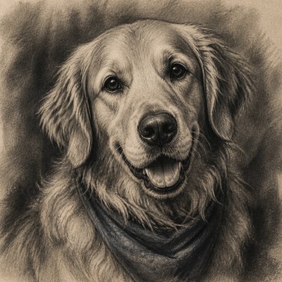 portrait of a golden retriever wearing a blue bandana, warm plain backdrop, no text