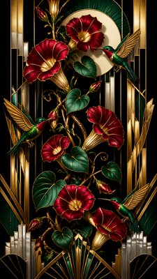 a climbing vine of flowers and hummingbirds on a dark background, tall wrapping composition, no text