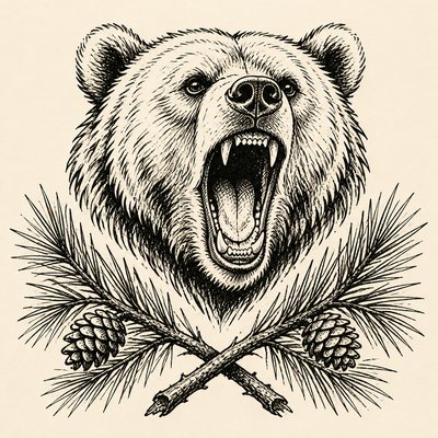 a roaring bear head above crossed pine branches, bold graphic composition on a plain background, no text