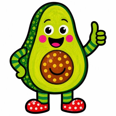a happy avocado character giving a thumbs up, bold readable design on a plain background, no text