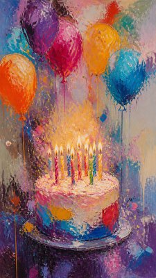a birthday cake with lit candles surrounded by balloons and confetti, festive vertical composition, no text