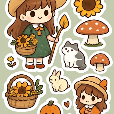a sticker of a girl with a basket of flowers and a cat
