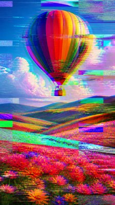 a hot air balloon drifting over rolling flower fields on a sunny day, cheerful, no text