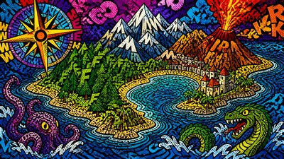 a map of an island realm with mountains, forests, a sheltered bay, sea monsters in the water and a compass rose, no text labels