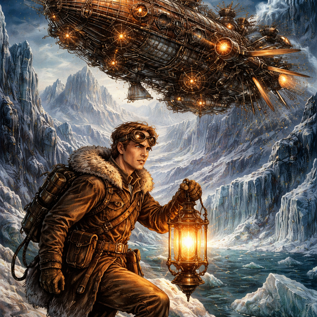 A high-detail Steampunk illustration inspired by Tom Swift and the Caves of Ice. A vintage 1910s-style airship with a copper-riveted hull and glowing vacuum-tube engines hovering over a jagged Arctic glacier. In the foreground, a young inventor in fur-lined leather explorer gear and brass goggles holds an ornate electric lantern. The palette features cool glacial blues and whites contrasted with warm, polished brass and glowing amber lights. Victorian industrial aesthetic, cinematic lighting, intricate mechanical detail.