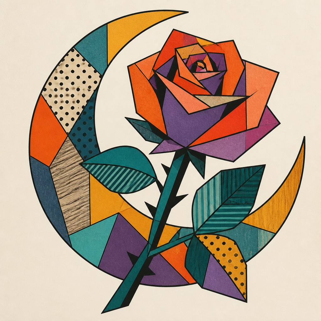 a rose entwined with a crescent moon, clean balanced composition on a plain background, no text