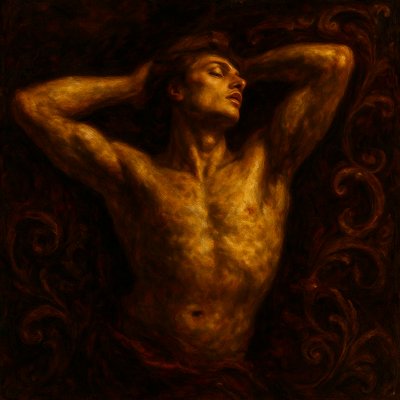 a painting of a man with no shirt on