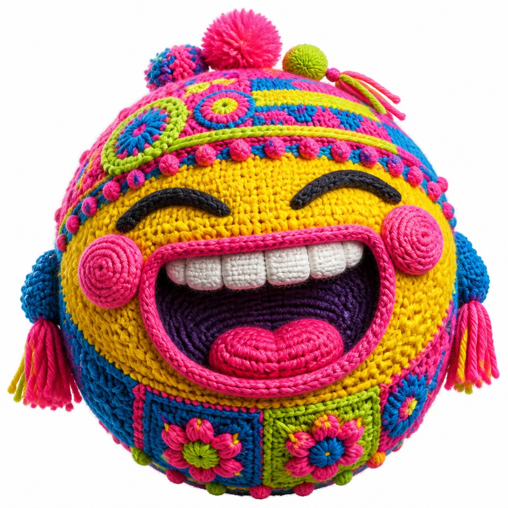 an exaggerated laughing face of an original round mascot character, bold and readable at small size, plain background, no text