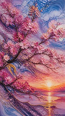 cherry blossom branches against a soft dawn sky, no people