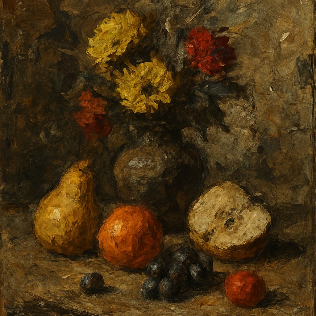 still life arrangement of fruits and flowers