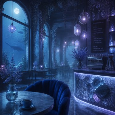 cozy cafe interior with warm lighting
