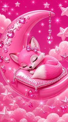 a sleeping baby fox curled on a crescent moon among soft stars, gentle and warm, no text