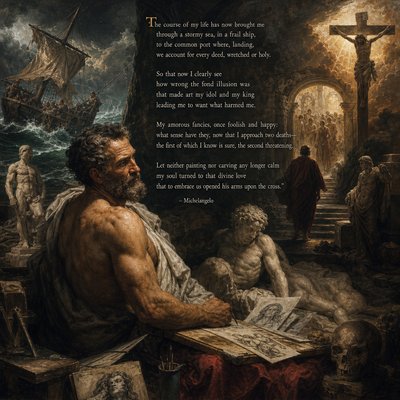 "The course of my life has now brought me
through a stormy sea, in a frail ship,
to the common port where, landing,
we account for every deed, wretched or holy.

So that now I clearly see
how wrong the fond illusion was
that made art my idol and my king
leading me to want what harmed me.

My amorous fancies, once foolish and happy:
what sense have they, now that I approach two deaths-
the first of which I know is sure, the second threatening.

Let neither painting nor carving any longer calm
my soul turned to that divine love
that to embrace us opened his arms upon the cross." - Michelangelo