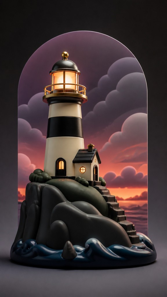 a lone lighthouse on a cliff at dusk under a dramatic sky, no text or lettering