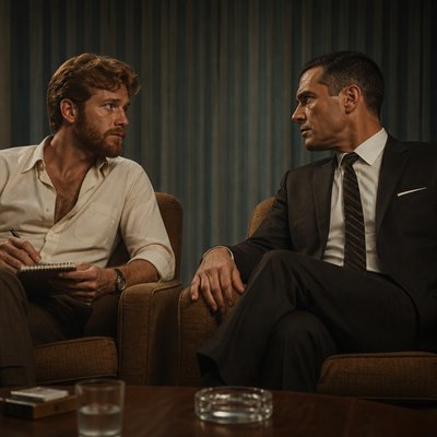 Je veux que tu me fasses 2 homme un peu dans les années 60 américains un homme blanc roux les cheveux courts mi long avec une barbe rousse plus foncé et habillée en en journaliste decontracté , chemise ouverte et une homme cheveux sombre rasé de pres chemise longue costar cravate des années riche 60 , il a la 50 ene machoir carré. ils se regarde comme si il vivait un amour interdit chacun sur une chaise fauteuil comme dans une interview
